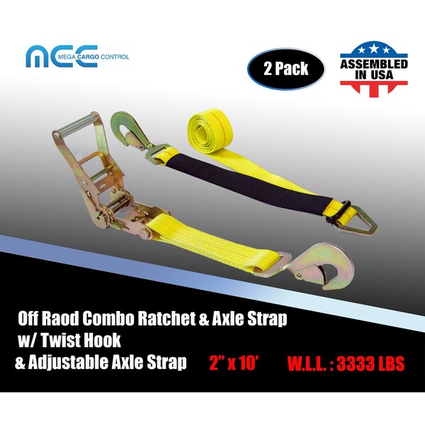 Axle Ratchet Tie Down Strap w/ Snap Hook Race Car Hauler Trailer Flatbed Yellow, 2PK